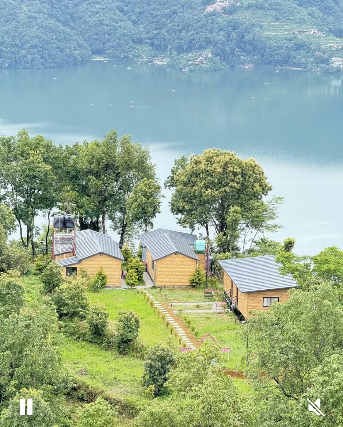 Sabs Villa aerial view overlooking Phewa Lake and mountains